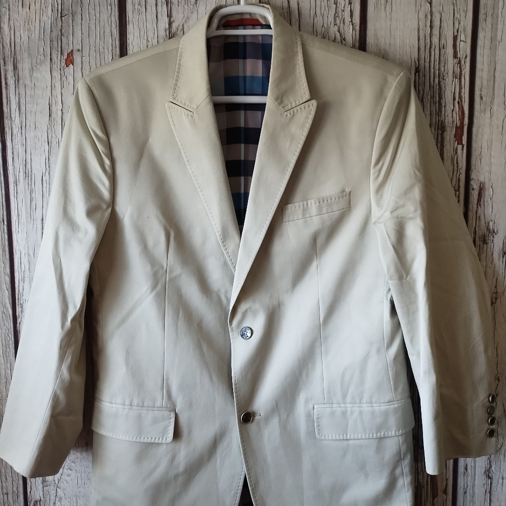 Robert Graham Men's Plaid Check Lined 2 Button Single Vent Khaki Blazer (42L)